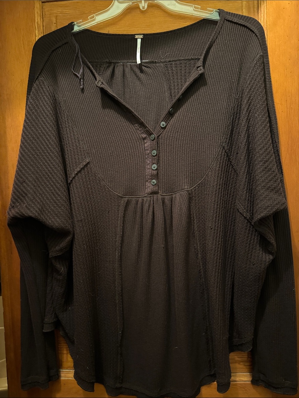 Free People Black Waffle Knit Henley Long Sleeve Top